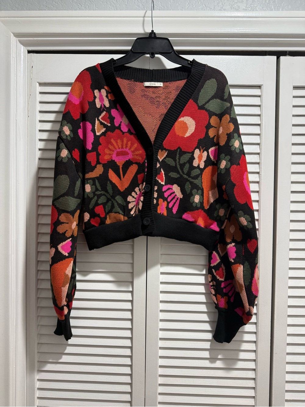 Source Unknown Black Floral V-Neck Button Cardigan with Multicolor Blooms